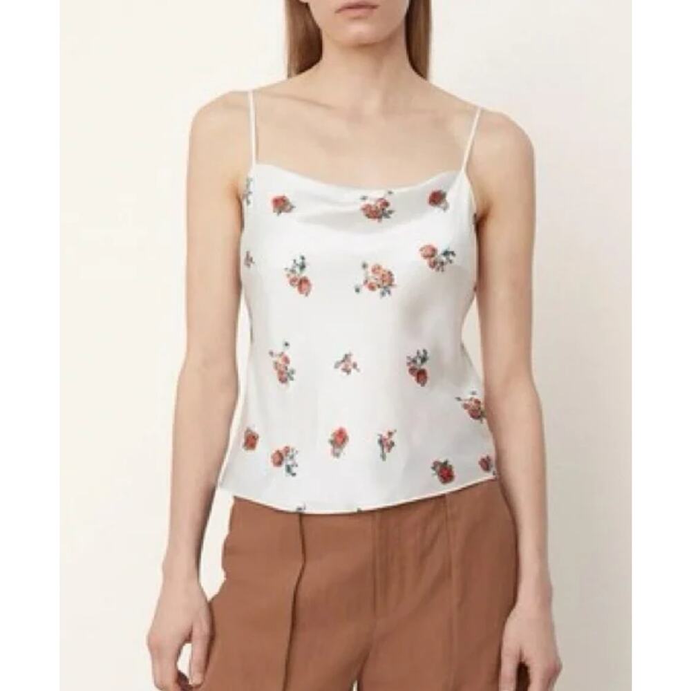 Vince Floral Camisole Tank 100% Silk White Ikat Flowers Medium